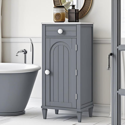 Narrow view of the Slim Grey Bathroom Storage Cabinet highlighting its arched door detail and gray freestanding organizer design.