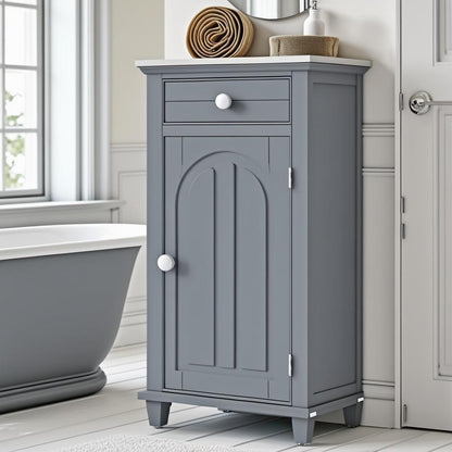 The Slim Grey Bathroom Storage Cabinet with toiletries visible on its shelves, showcasing its effectiveness as a gray freestanding organizer.