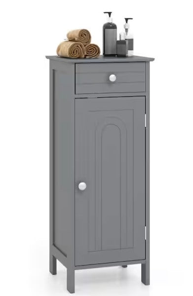 Decorative arrangement on top of the Slim Grey Bathroom Storage Cabinet, illustrating how it serves as both a functional and aesthetic gray freestanding organizer.