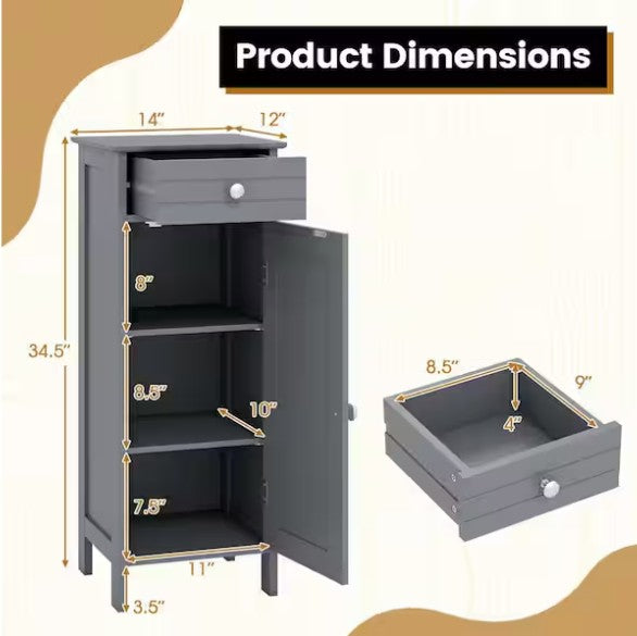 The Slim Grey Bathroom Storage Cabinet from a distance, designed to fit snugly in small bathrooms as a gray freestanding organizer.