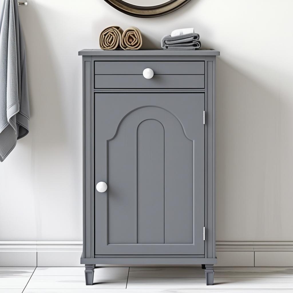 The Slim Grey Bathroom Storage Cabinet featuring adjustable shelves, emphasizing its capabilities as a versatile gray freestanding organizer.