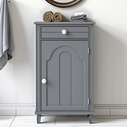 The Slim Grey Bathroom Storage Cabinet featuring adjustable shelves, emphasizing its capabilities as a versatile gray freestanding organizer.
