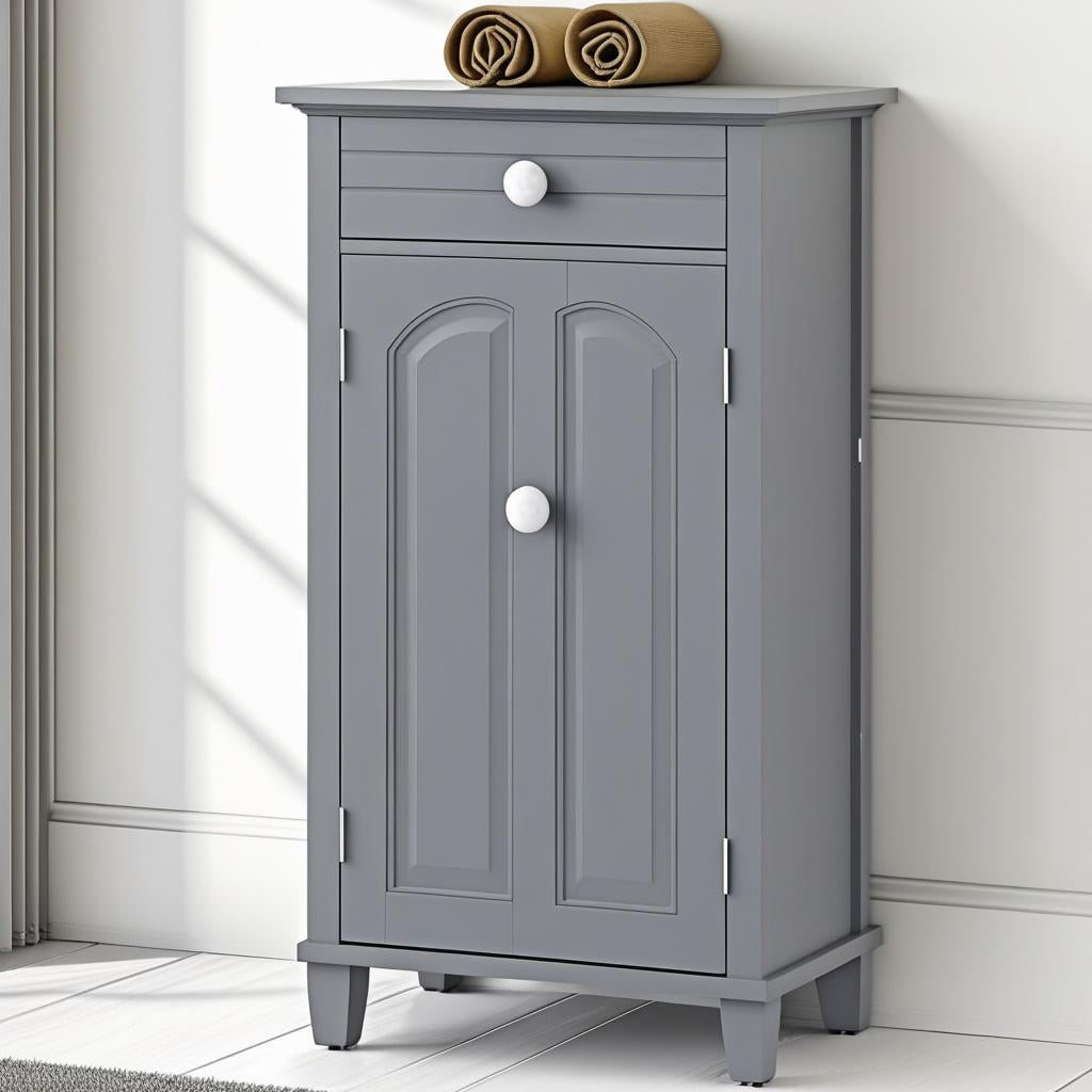 The Slim Grey Bathroom Storage Cabinet in a compact bathroom setting, illustrating its space-saving benefits as a gray freestanding organizer.