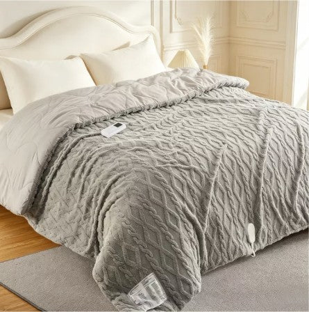 Queen 90x90 Heated Comforter with Dual-Zone Wireless Control, 6 Heat Levels & LCD Timer, warm gray queen heated comforter for a restful bedroom