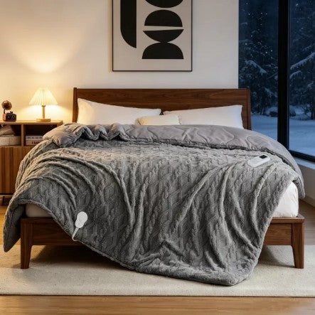 Queen 90x90 Heated Comforter with Dual-Zone Wireless Control, 6 Heat Levels & LCD Timer, queen heated comforter timer settings