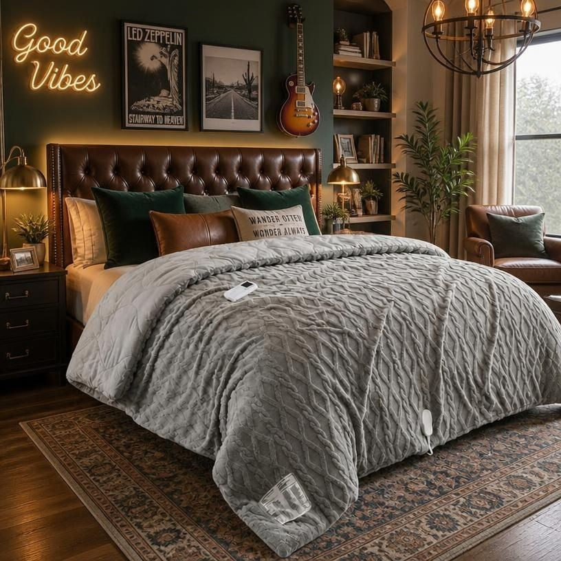 Queen 90x90 Heated Comforter with Dual-Zone Wireless Control, 6 Heat Levels & LCD Timer, quilted gray queen heated comforter bedding