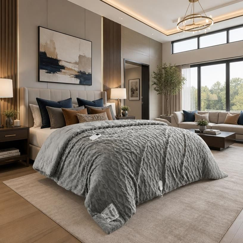 Queen 90x90 Heated Comforter with Dual-Zone Wireless Control, 6 Heat Levels & LCD Timer, queen heated comforter with independent heat zones