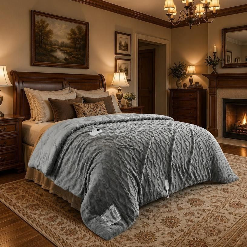 Queen 90x90 Heated Comforter with Dual-Zone Wireless Control, 6 Heat Levels & LCD Timer, UL-certified queen heated comforter design