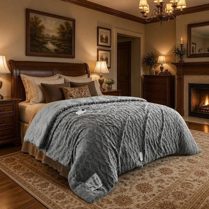 Queen 90x90 Heated Comforter with Dual-Zone Wireless Control, 6 Heat Levels & LCD Timer, UL-certified queen heated comforter design