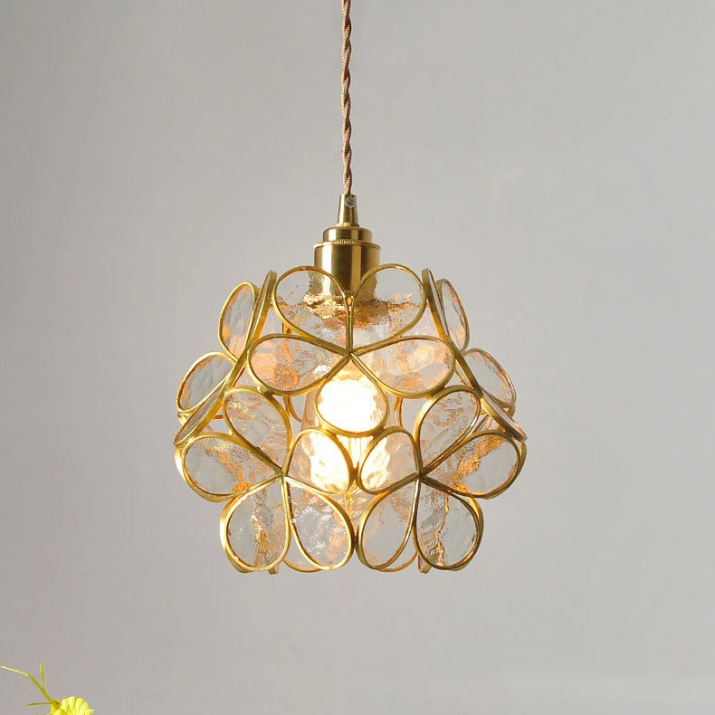 Luxurious Glass Flower Petal Hanging Pendant Light w/a Brass Finish 
