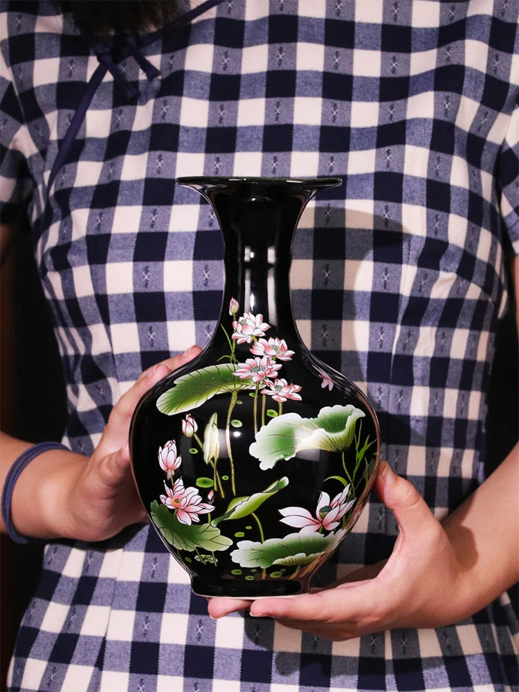 Elegant Chinese-Style Black Ceramic Vase displayed as a centerpiece, enhancing traditional chinese art home decoration.