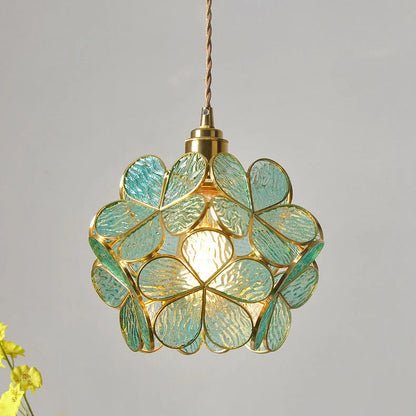 Luxurious Glass Flower Petal Hanging Pendant Light w/a Brass Finish 