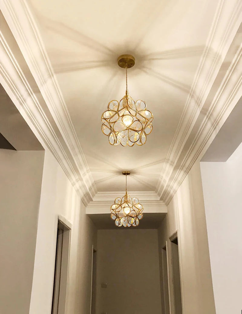 Luxurious Glass Flower Petal Hanging Pendant Light w/a Brass Finish 