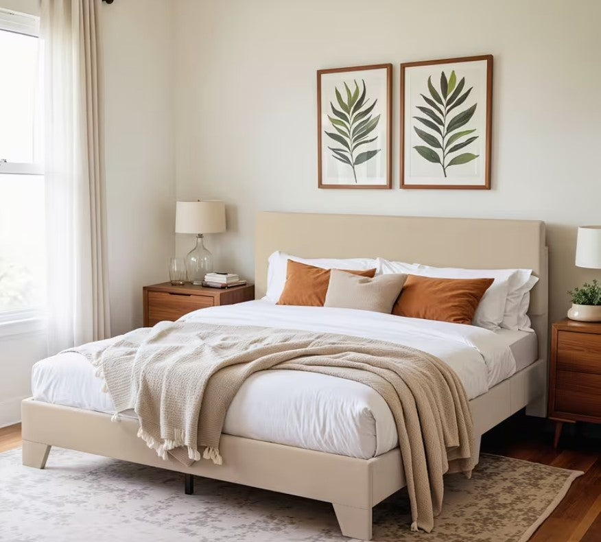 Stylish arrangement of a bedroom featuring the upholstered platform bed frame and matching decor.