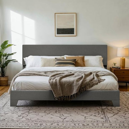 Comfortable setup featuring an upholstered platform bed, emphasizing a clean and clutter-free look.