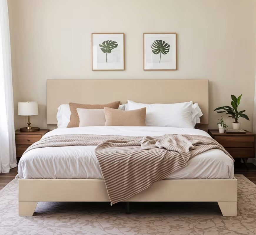 The luxurious feel of an upholstered platform bed in a modern bedroom scenario.