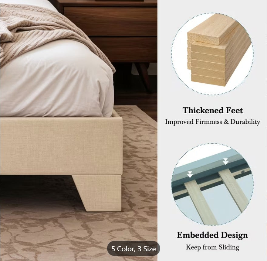 The quiet and supportive design of the upholstered platform bed provides a peaceful sleep experience.