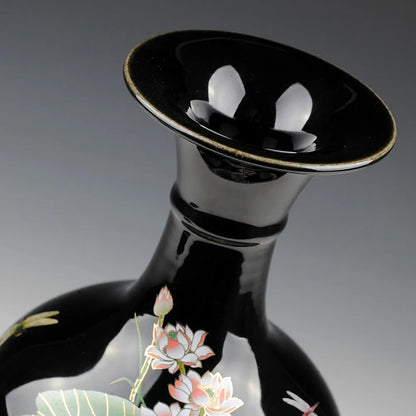 Elegant Chinese-Style Black Ceramic Vase with intricate lotus flower design, ideal for traditional chinese art home decoration.