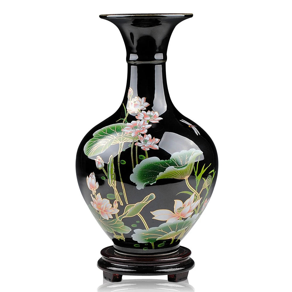 Close-up of the hand-painted lotus flower on the Elegant Chinese-Style Black Ceramic Vase perfect for traditional chinese art home decoration.
