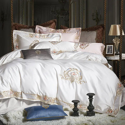 Pheliza Embroidered Egyptian Cotton Bedding Set - 1000TC Pearl White/Pink Petal Duvet Cover Set, soft pearl white egyptian cotton bedding set with pink petal accents