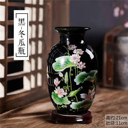 Elegant Chinese-Style Black Ceramic Vase paired with decorative elements, suited for traditional chinese art home decoration.