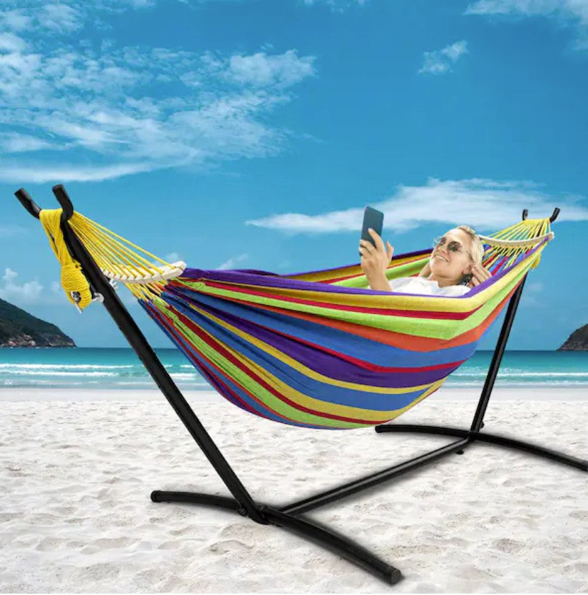 Heavy-duty backyard relaxation hammock setup – showcasing the stylish design of the Double Hammock with Stand for patio and camping.