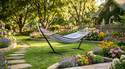 Comfortable Double Hammock with Stand – promoting backyard relaxation hammock vibes, including cozy cushions and outdoor rugs.