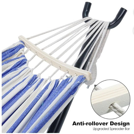Stylish Double Hammock with Stand for outdoor use – an ideal backyard relaxation hammock choice, demonstrating modern casual living.