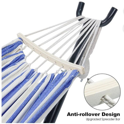 Stylish Double Hammock with Stand for outdoor use – an ideal backyard relaxation hammock choice, demonstrating modern casual living.