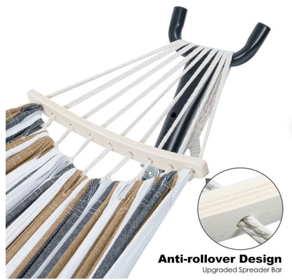 Double Hammock with Stand set up on the patio – showcasing a stylish backyard relaxation hammock for ultimate outdoor comfort.