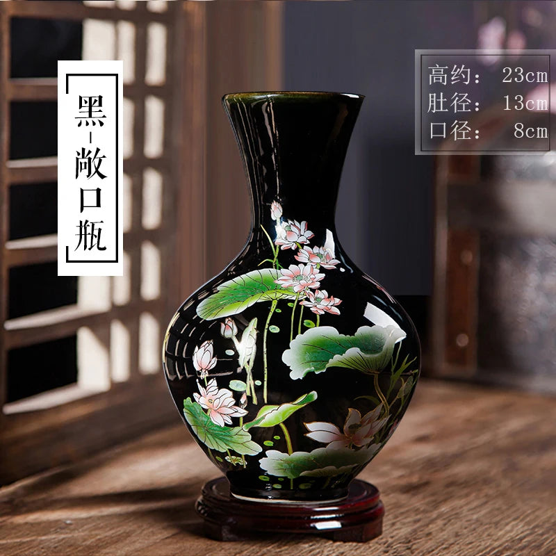 Elegant Chinese-Style Black Ceramic Vase in various angles, showcasing its beauty for traditional chinese art home decoration.