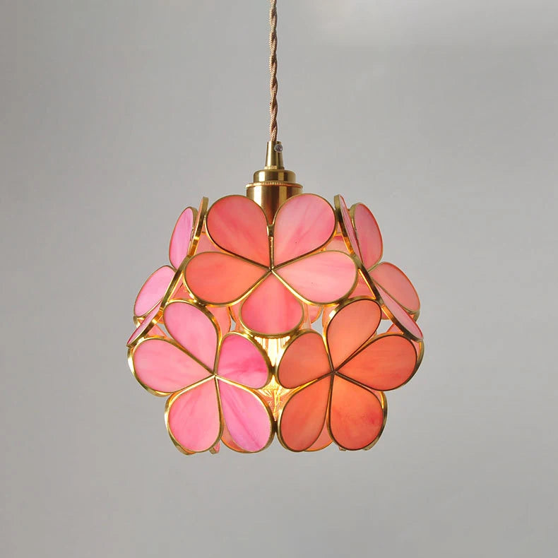Luxurious Glass Flower Petal Hanging Pendant Light w/a Brass Finish 