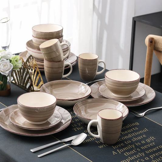 Vintage Dinnerware Set - 16-Piece Porcelain Set for 4 in Elegant Brown Taupe paired with decorative items.