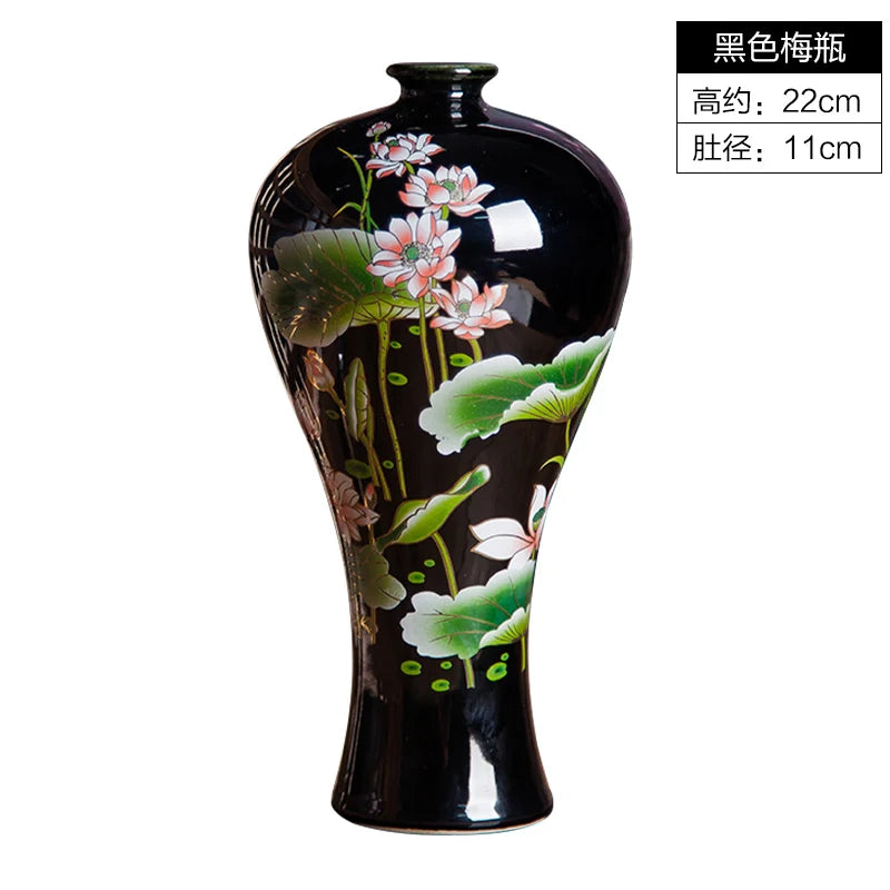 Elegant Chinese-Style Black Ceramic Vase surrounded by floral arrangements, a beautiful choice for traditional chinese art home decoration.
