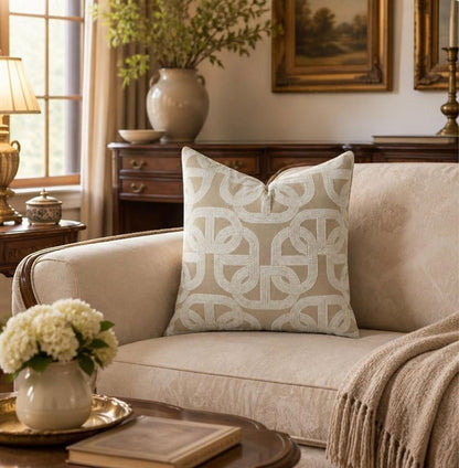 18x18 Latte Jacquard Throw Pillow Cover – Horseshoe Pattern Nordic Cushion Case in latte milk tea color, jacquard pillow cover