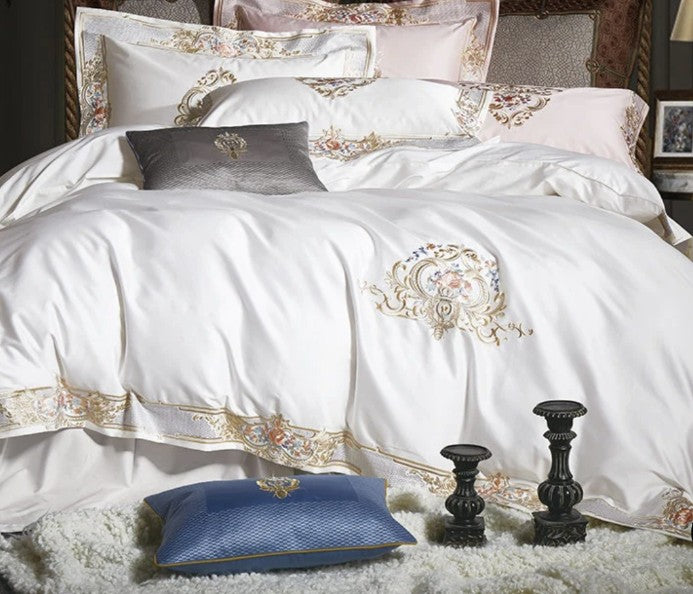 Pheliza Embroidered Egyptian Cotton Bedding Set - 1000TC Pearl White/Pink Petal Duvet Cover Set, elegant all-season egyptian cotton bedding set in pearl white and pink petal