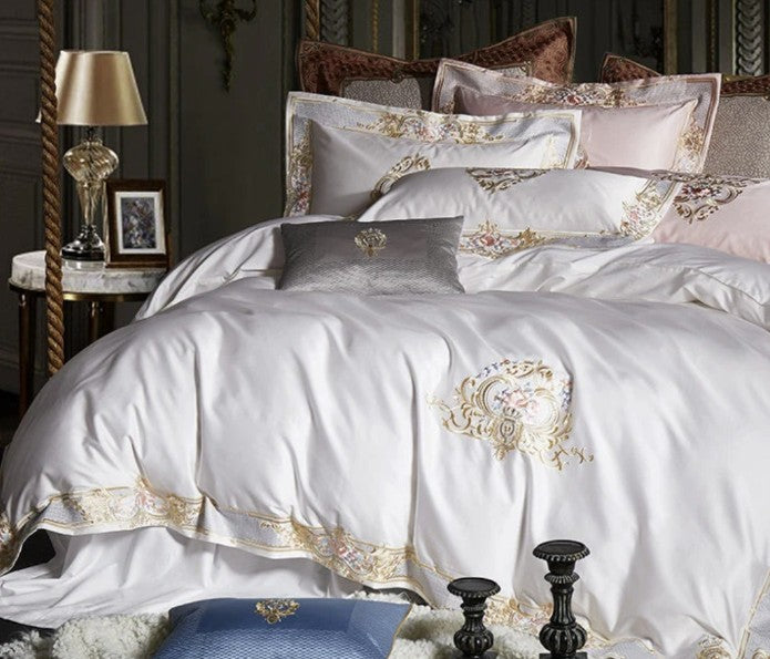 Pheliza Embroidered Egyptian Cotton Bedding Set - 1000TC Pearl White/Pink Petal Duvet Cover Set, premium 1000TC egyptian cotton bedding set styled in a modern bedroom