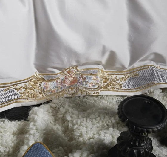 Pheliza Embroidered Egyptian Cotton Bedding Set - 1000TC Pearl White/Pink Petal Duvet Cover Set, detailed view of the embroidered duvet cover from an egyptian cotton bedding set