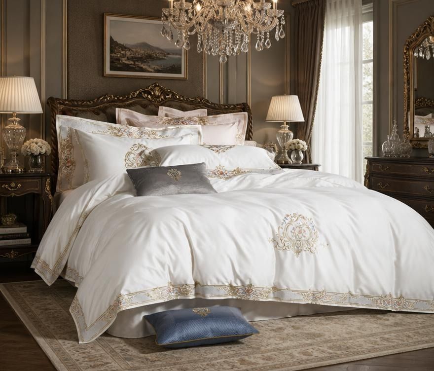 Pheliza Embroidered Egyptian Cotton Bedding Set - 1000TC Pearl White/Pink Petal Duvet Cover Set, luxury egyptian cotton bedding set on a neatly styled bed