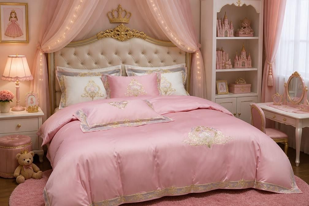 Pheliza Embroidered Egyptian Cotton Bedding Set - 1000TC Pearl White/Pink Petal Duvet Cover Set, coordinated duvet cover and pillowcases in an egyptian cotton bedding set