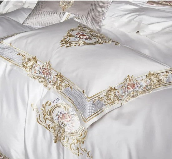 Pheliza Embroidered Egyptian Cotton Bedding Set - 1000TC Pearl White/Pink Petal Duvet Cover Set, breathable pearl white egyptian cotton bedding set for an elegant bedroom