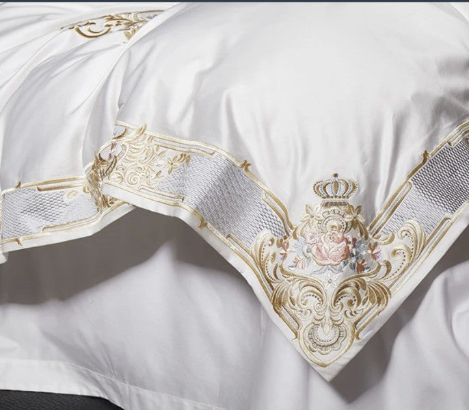 Pheliza Embroidered Egyptian Cotton Bedding Set - 1000TC Pearl White/Pink Petal Duvet Cover Set, romantic pink and gold egyptian cotton bedding set for a master bedroom