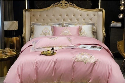 Pheliza Embroidered Egyptian Cotton Bedding Set - 1000TC Pearl White/Pink Petal Duvet Cover Set, silky 1000 thread count egyptian cotton bedding set with ornate trim