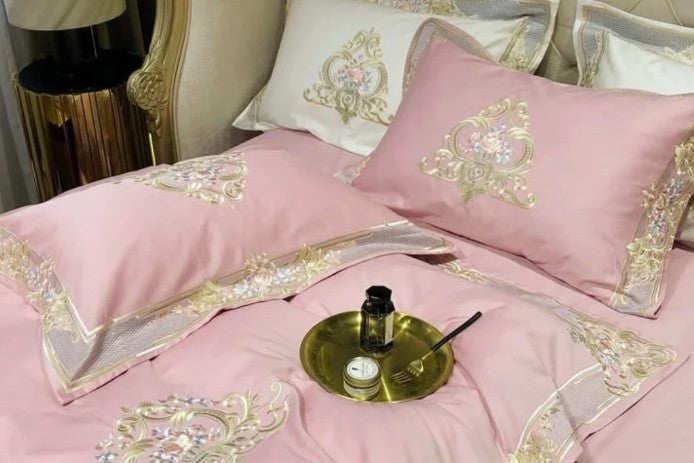 Pheliza Embroidered Egyptian Cotton Bedding Set - 1000TC Pearl White/Pink Petal Duvet Cover Set, luxury pillowcase detail from a pearl white egyptian cotton bedding set