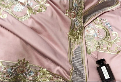 Pheliza Embroidered Egyptian Cotton Bedding Set - 1000TC Pearl White/Pink Petal Duvet Cover Set, full coordinated egyptian cotton bedding set with duvet, bedsheet, and pillowcases