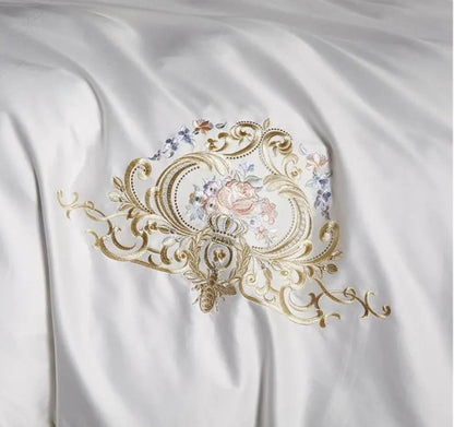 Pheliza Embroidered Egyptian Cotton Bedding Set - 1000TC Pearl White/Pink Petal Duvet Cover Set, refined gold-embroidered egyptian cotton bedding set for a sophisticated interior