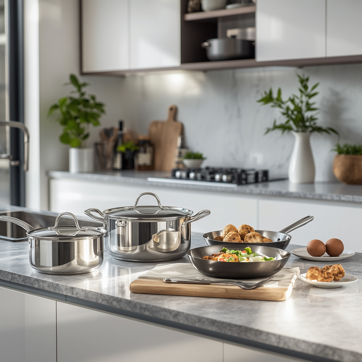 Stainless steel cookware set on a kitchen counter with food and utensils.