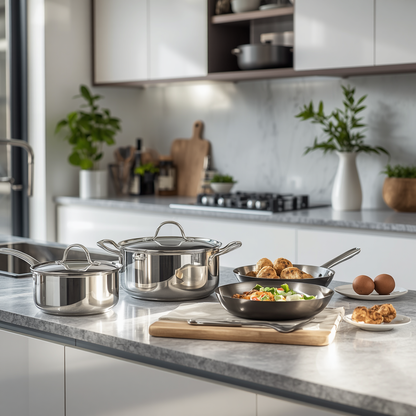 Stainless steel cookware set on a kitchen counter with food and utensils.