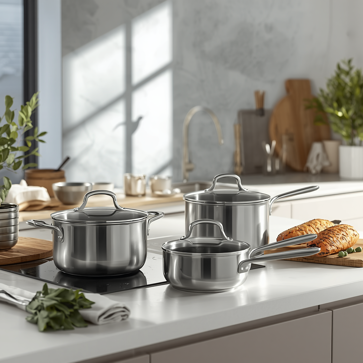 Set of stainless steel cookware on a kitchen counter with a modern kitchen background.