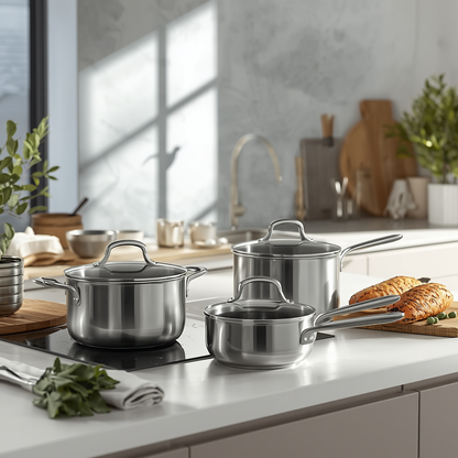 Set of stainless steel cookware on a kitchen counter with a modern kitchen background.